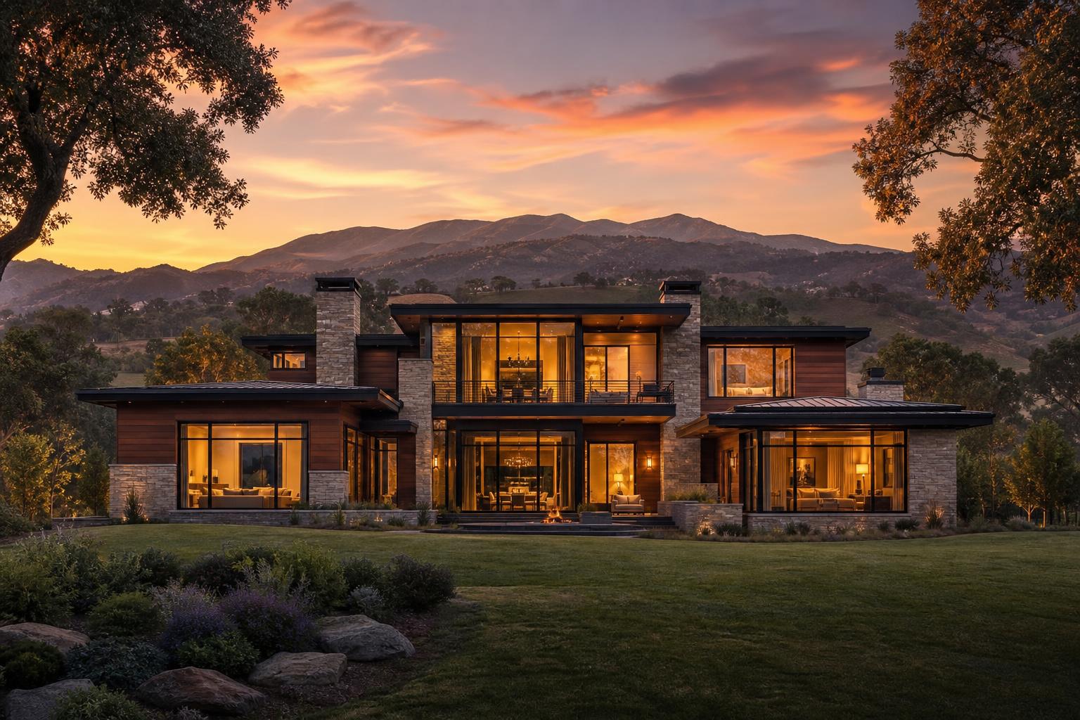 Modern custom home at dusk